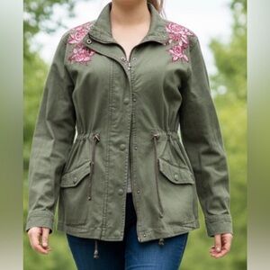 Stylish Olive Utility Jacket with Pink Floral Embroidery